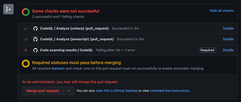 Pull Request that is blocked because Code Scanning Alerts are found