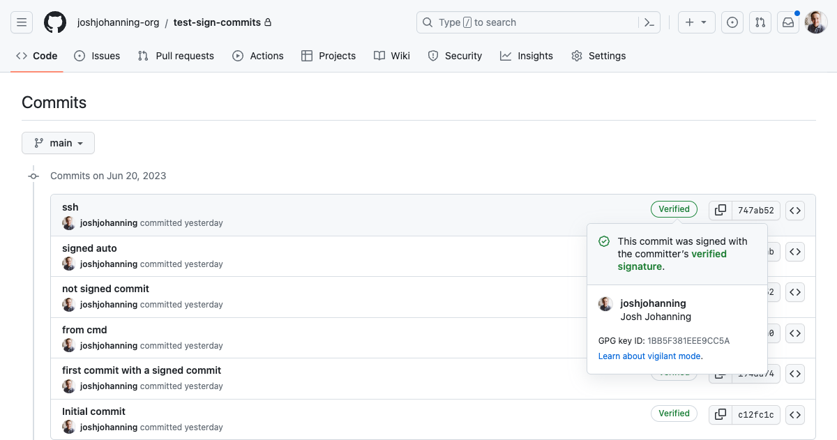 Verified commits in GitHub