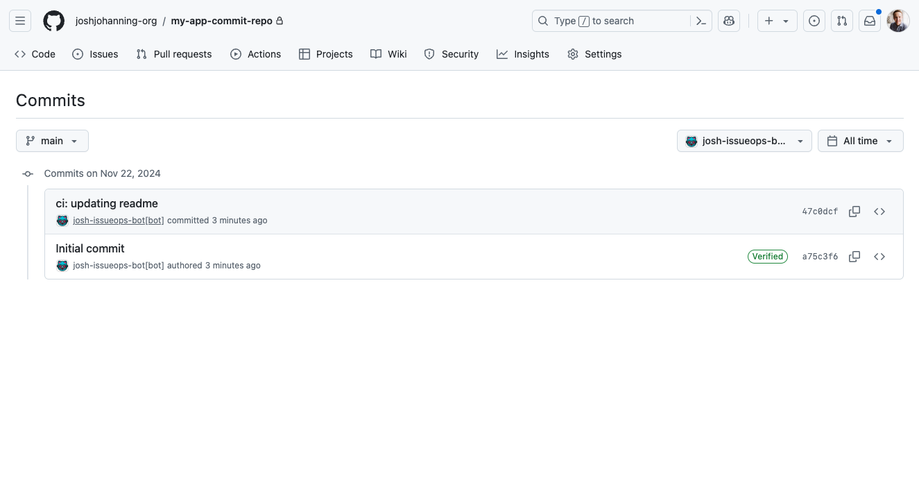 A commit from a GitHub app in a GitHub repository with the commit being attributed to the app